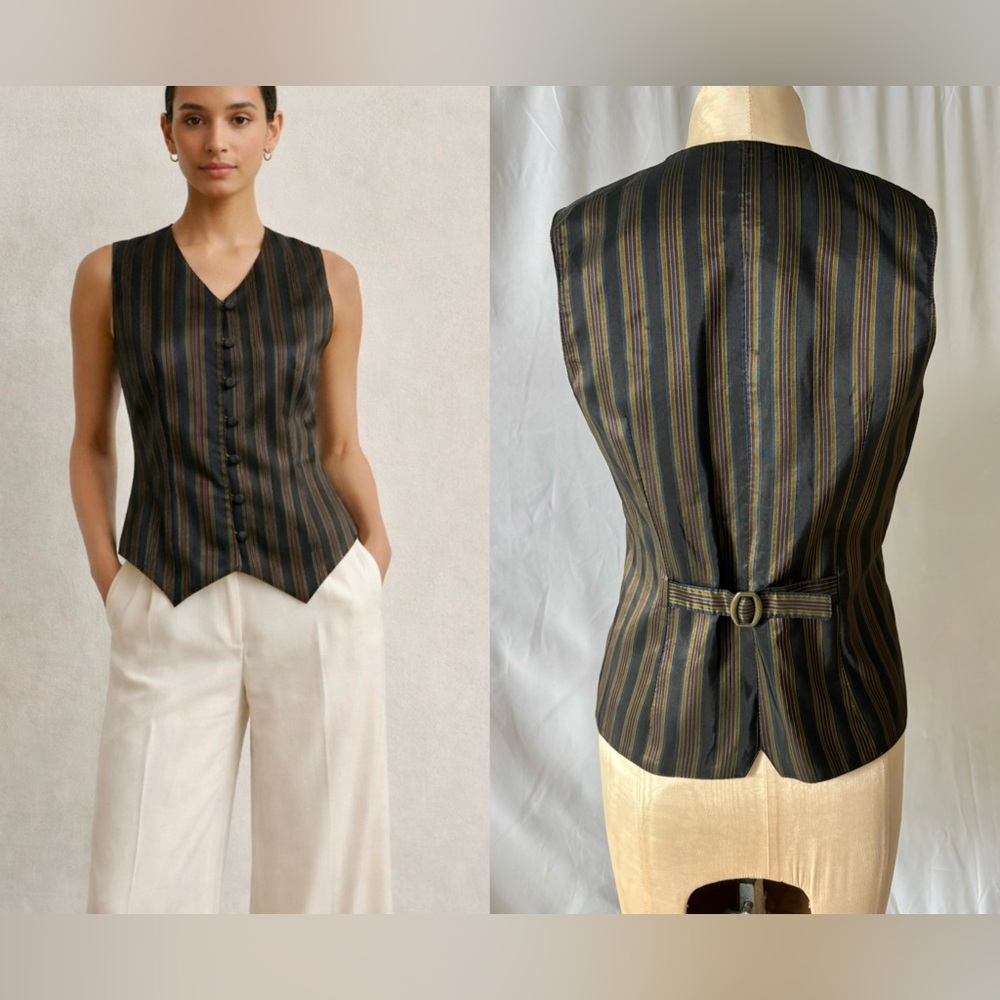 VTG Satin Metallic Striped Victorian Black Waistcoat - M